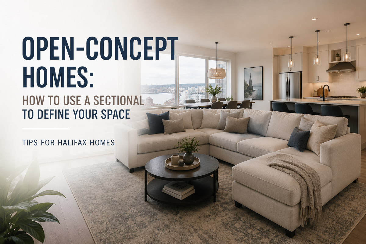 Neutral sectional sofa defining the living room in a bright open-concept Halifax home with a modern kitchen and dining area.