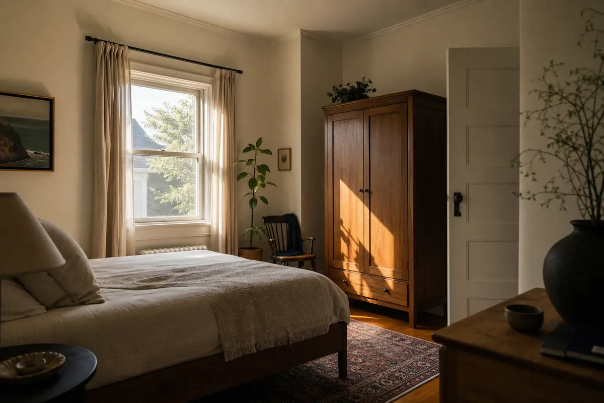 Tall wooden wardrobe standing against a white wall in a bright bedroom