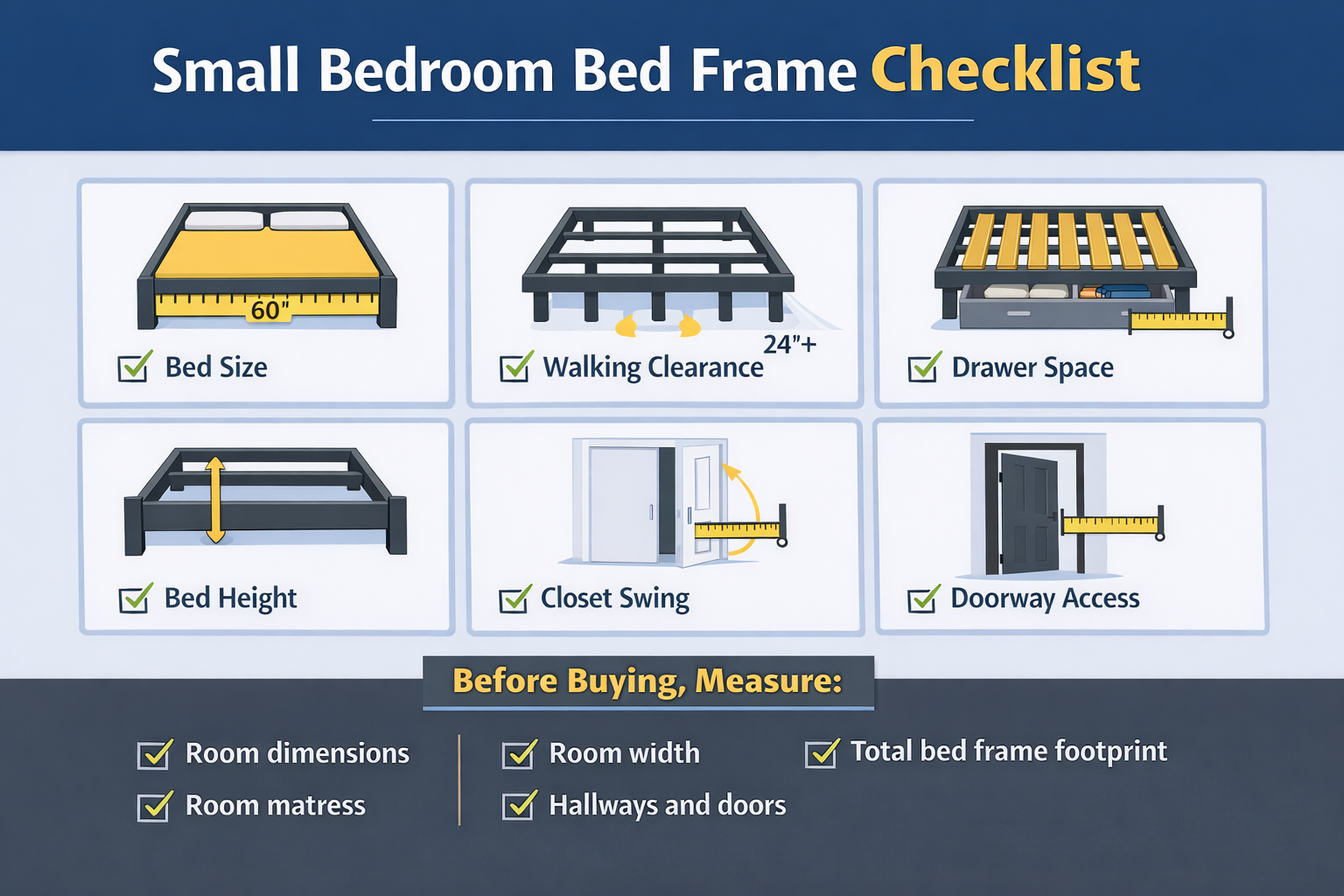 Comparison chart showing platform beds, storage beds, and slim bed frames for small bedrooms
