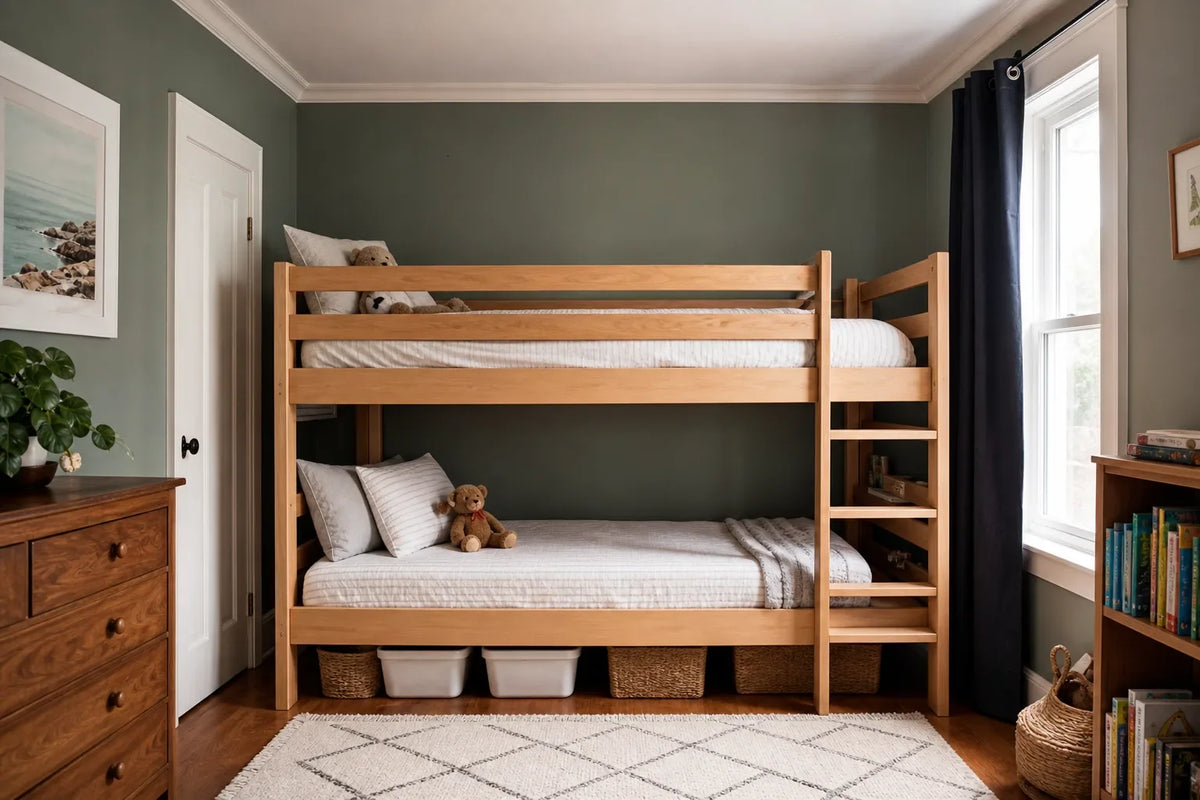 Natural wood bunk bed with white bedding and teddy bears beside a green wall, near a window with dark curtains