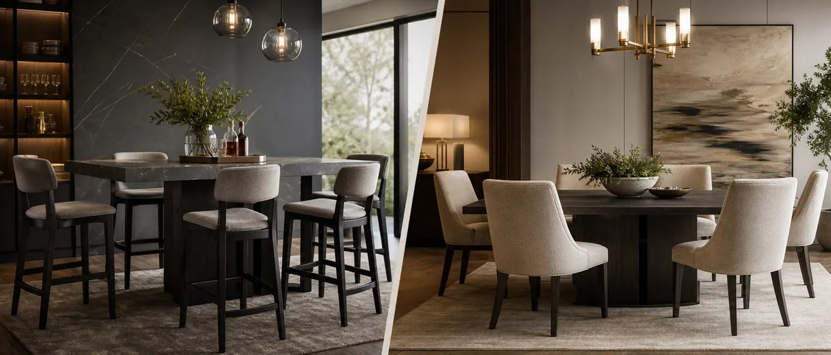 Two dining areas showing a dark wood counter height table with stools and a dark wood standard height table