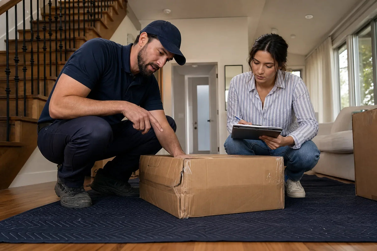 Delivery person and woman inspecting a damaged cardboard box on a blue mat in a living room
