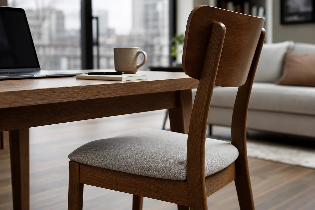 Angled close-up of wooden dining chair with grey fabric seat next to wooden table holding laptop, mug, and notebook