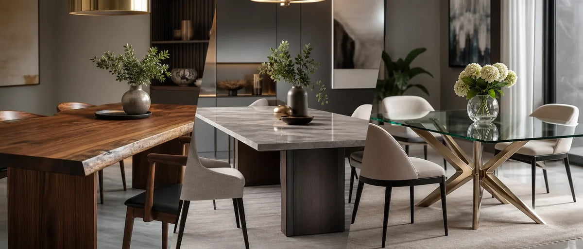 Three dining tables side by side showing wood, laminate, and glass tops with chairs in a softly lit room