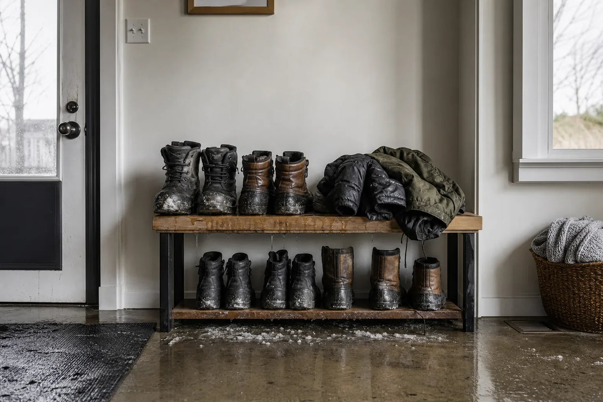 Wet boots and coats piled on a storage bench in a snowy entryway with salt marks on the floor