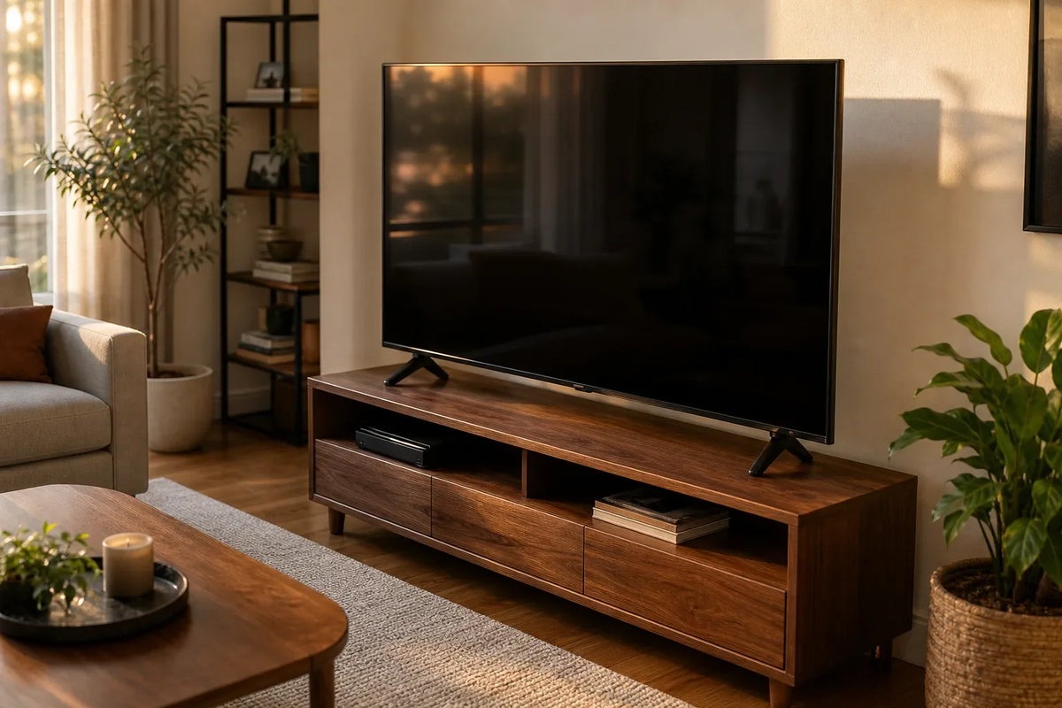 Flat-screen TV on walnut wood stand with open shelves and drawers in living room setting