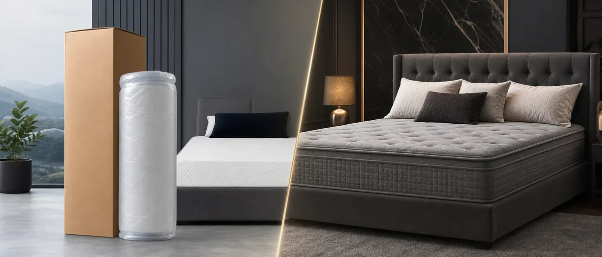 Rolled mattress in plastic wrap and cardboard box beside a plant, next to a dark gray traditional mattress
