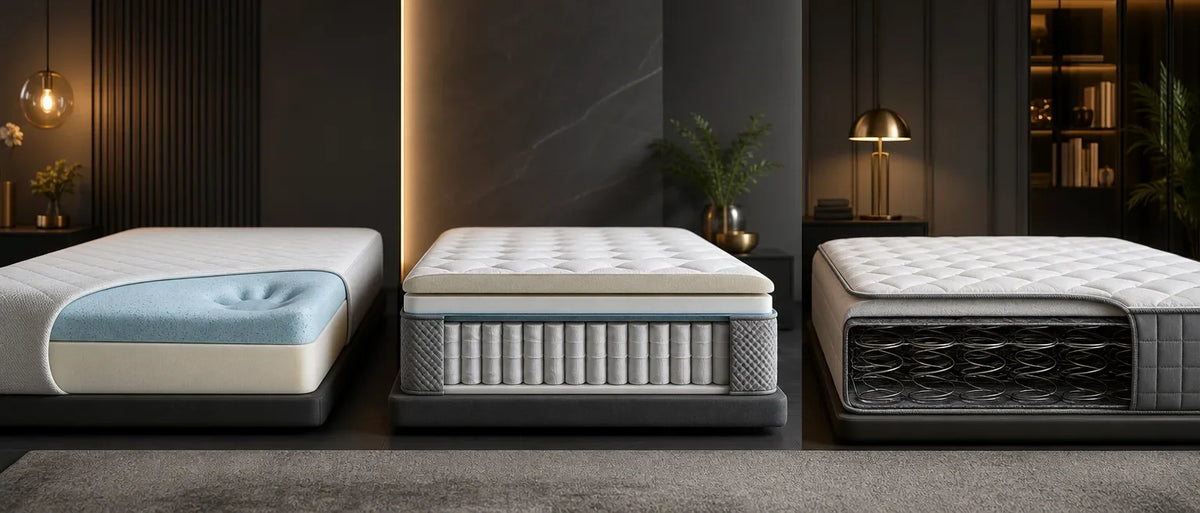 Three mattress types side by side: memory foam with smooth surface, hybrid with layered design, and innerspring with coil str