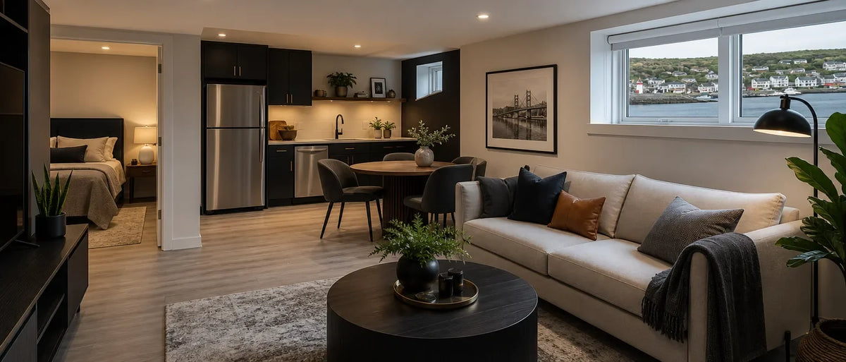 Basement apartment living room with beige sofa, black coffee table, dark kitchen cabinets, and waterfront view through window