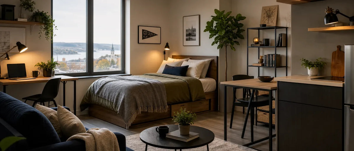 Wood bed with green bedding and gray throw, next to a window with city view in a small furnished apartment