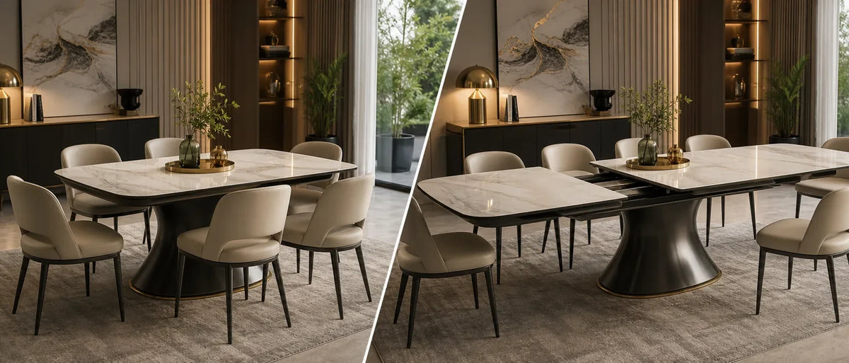 Two views of an extendable dining table with marble top and black pedestal base, surrounded by beige chairs in dining room
