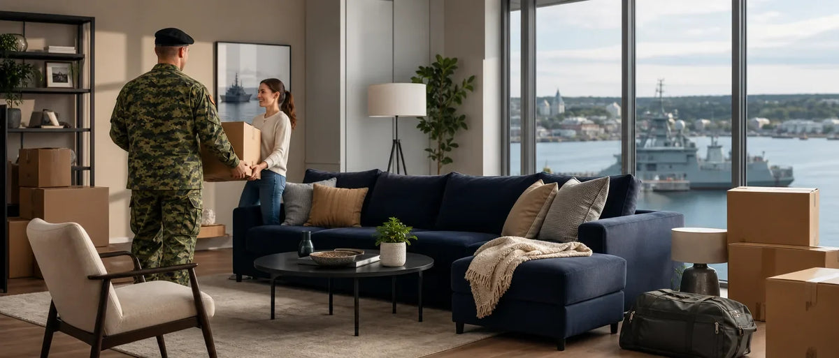 Man in military uniform handing a box to a woman near navy sectional sofa by large windows overlooking a harbor