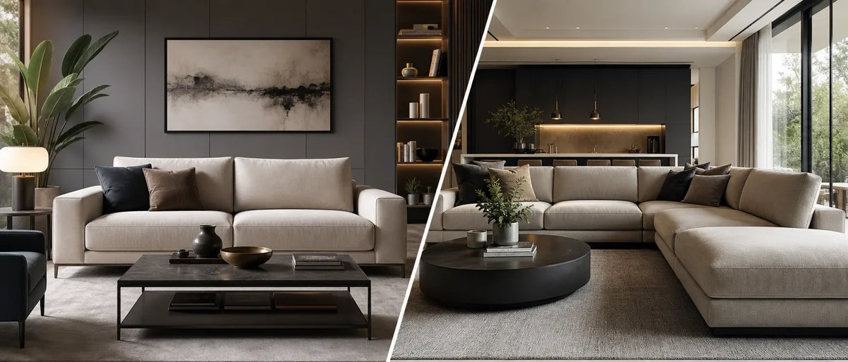 Beige fabric sofa with dark cushions beside a plant and painting, and beige sectional