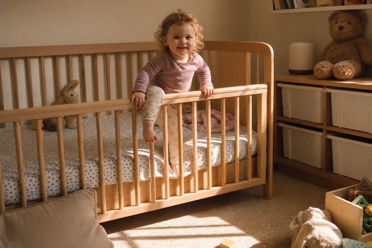 Toddler climbing over the side of a light wooden crib in a sunlit bedroom with toys and a teddy bear nearby