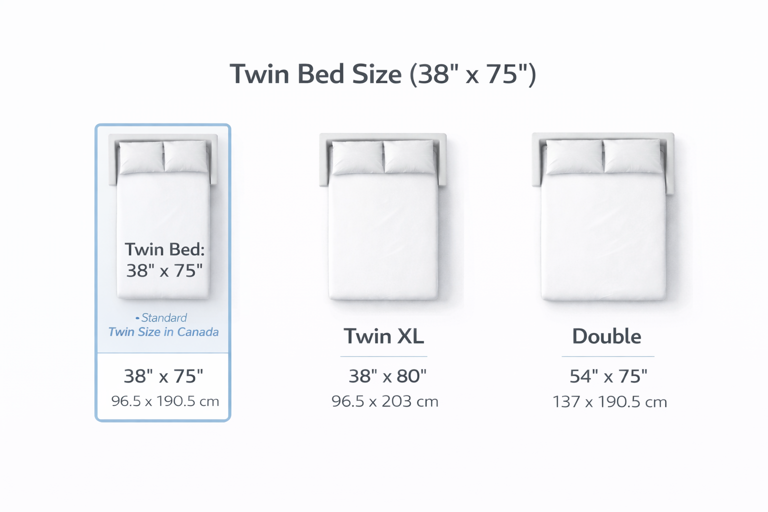 Comparison of Twin (38" x 75"), Twin XL (38" x 80"), and Double (54" x 75") bed sizes with Twin highlighted.