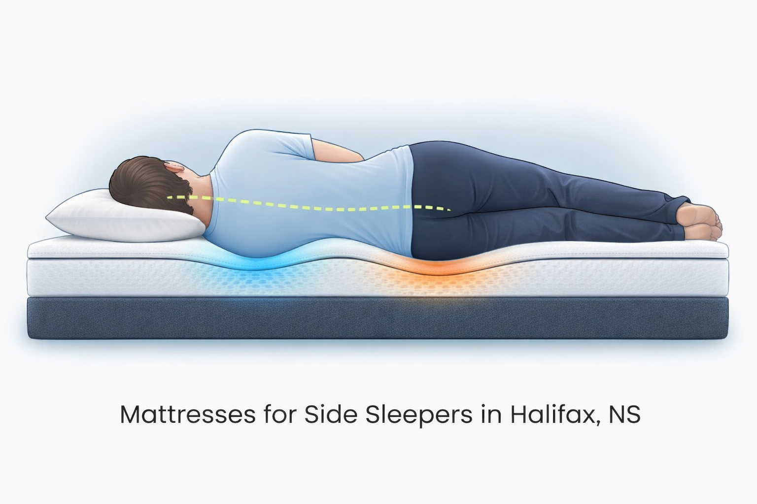 Side sleeper spine alignment diagram showing proper shoulder and hip support on a mattress - Furniture Spot Halifax
