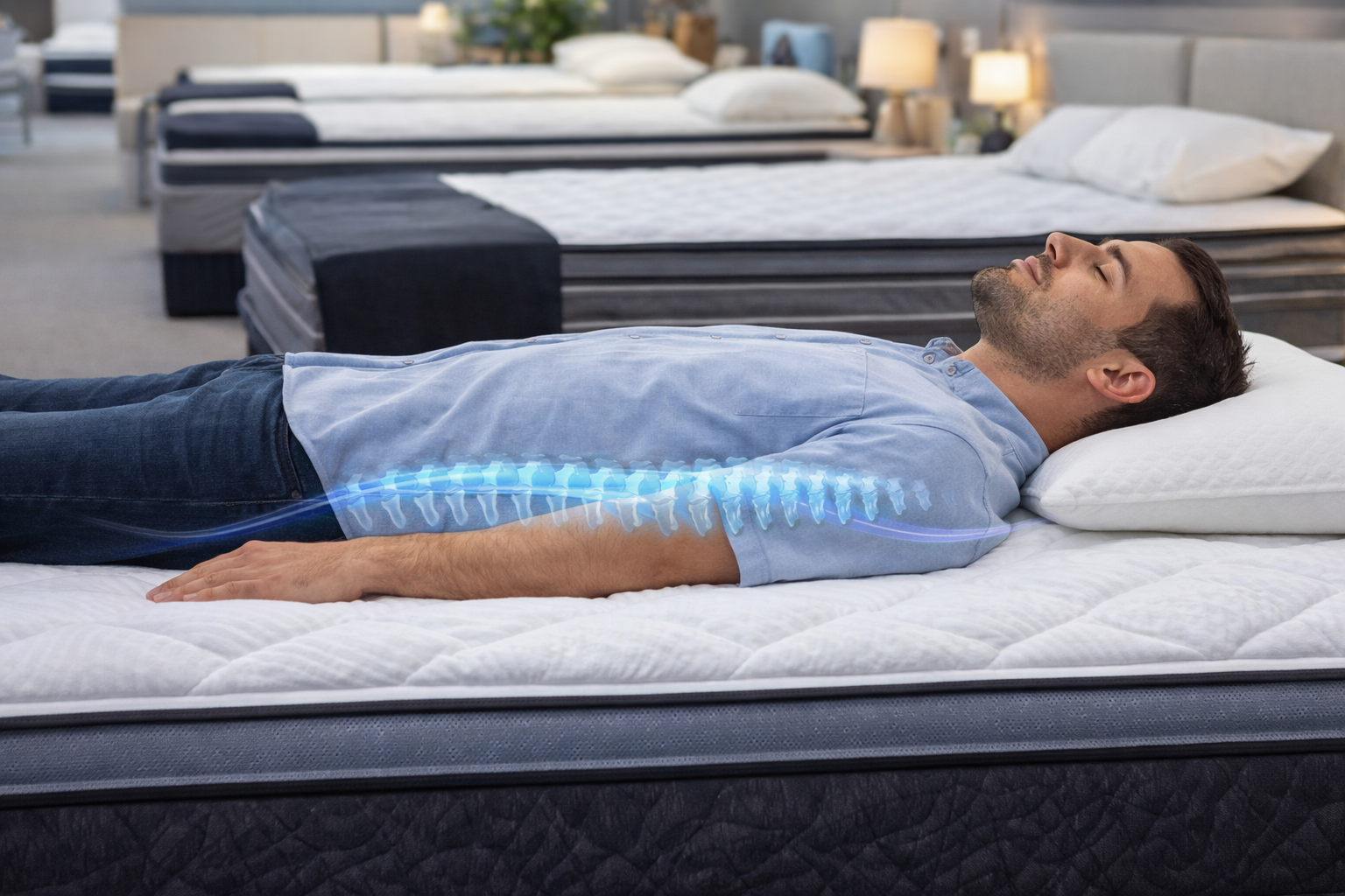 Back sleeper spine alignment diagram showing proper lumbar support on a mattress - Furniture Spot Halifax