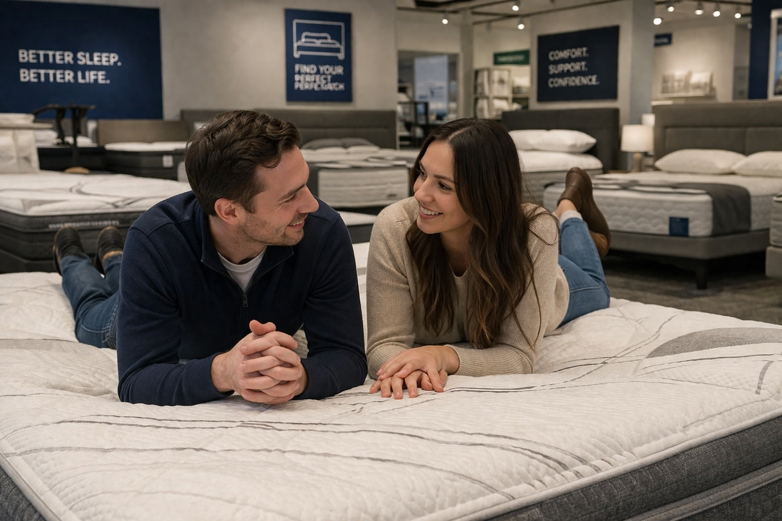 Couple testing a mattress together in Halifax showroom - find the best mattress for couples at Furniture Spot & Mattress Outlet
