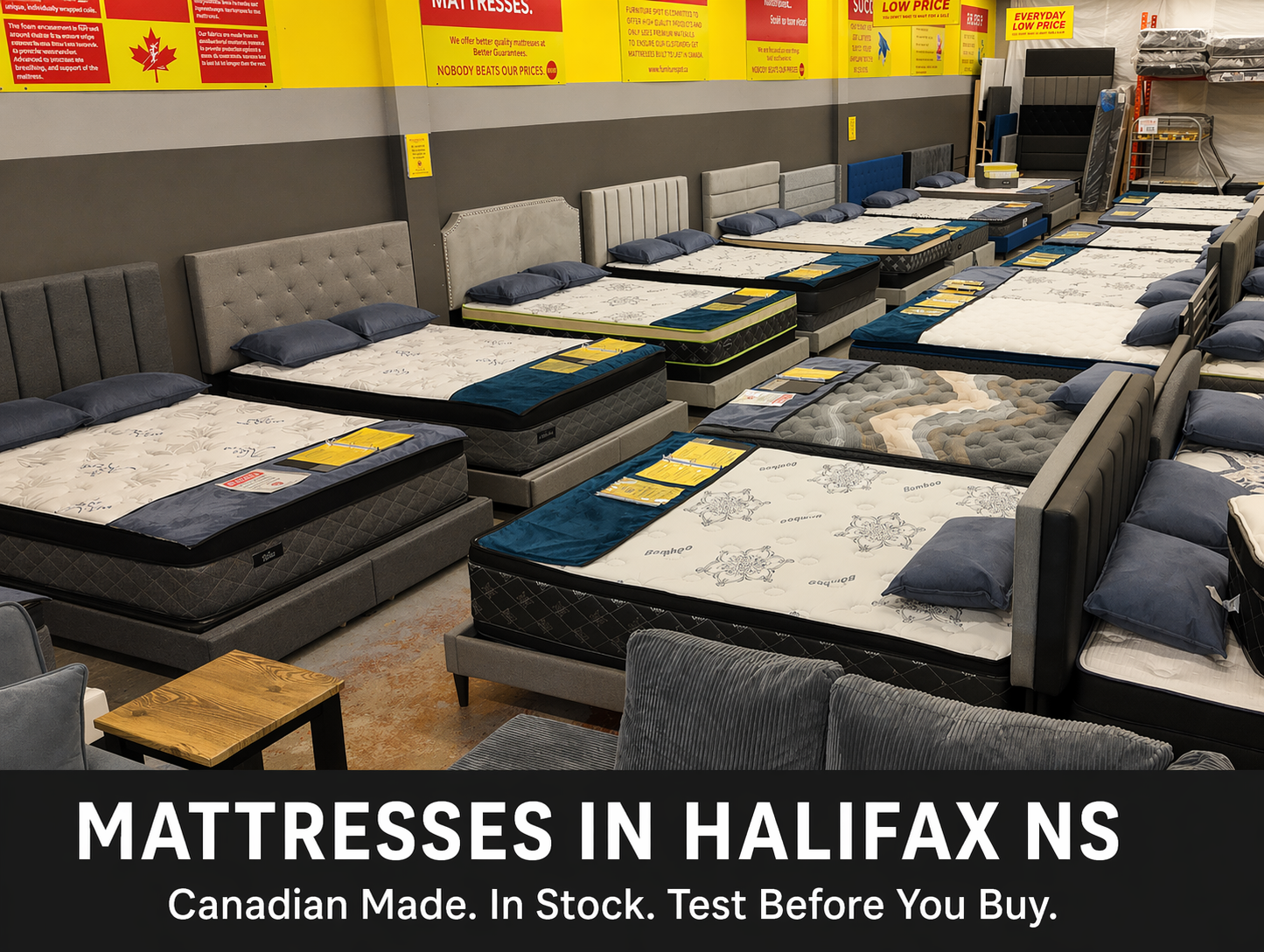 Mattress store in Halifax NS - Furniture Spot & Mattress Outlet showroom at 3606 Strawberry Hill Street with Canadian made mattresses in stock