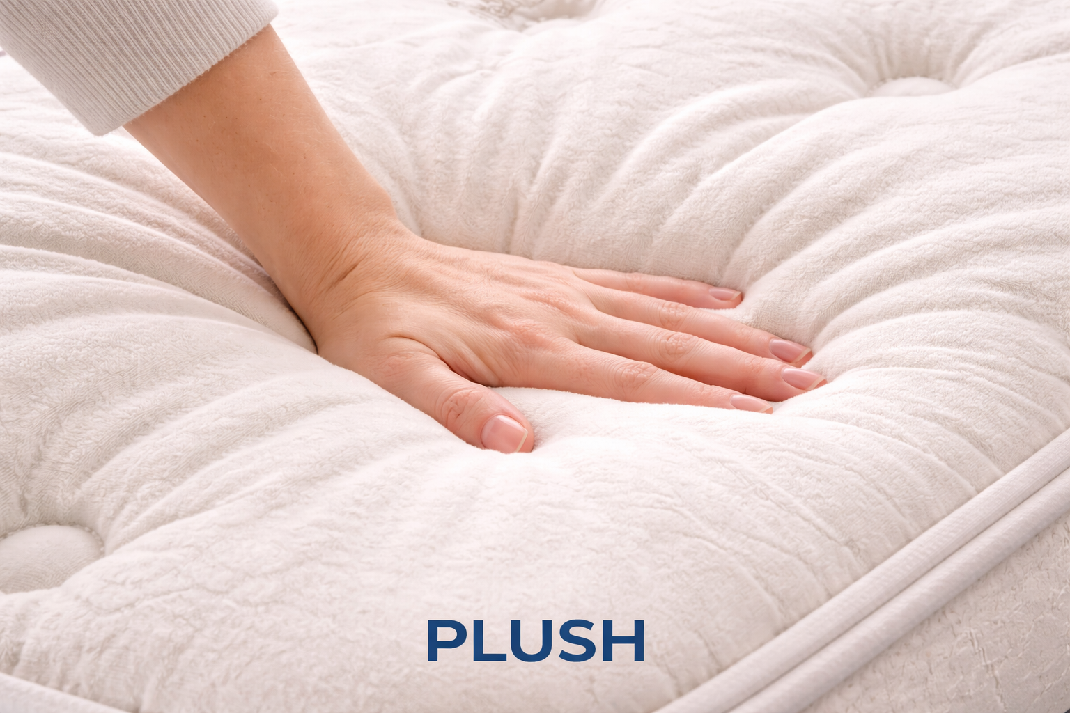 Hand pressing into plush mattress surface showing soft deep cushioning - available in queen, king, double and twin at Furniture Spot Halifax