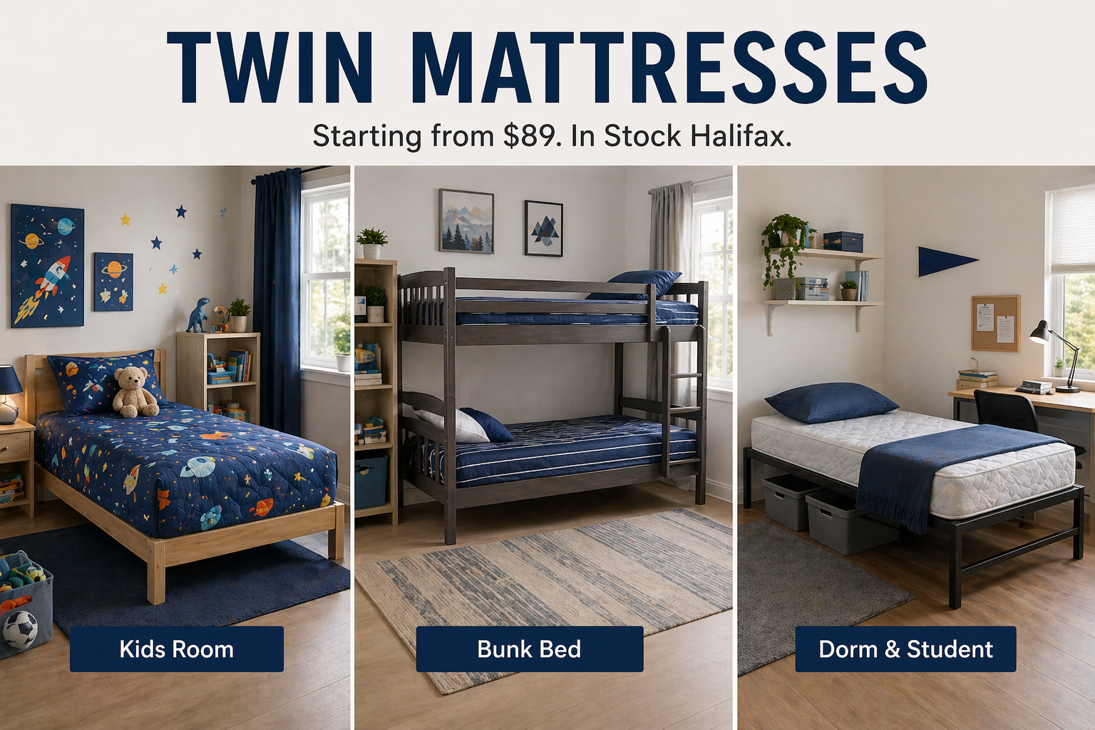 Twin and single mattresses in Halifax at Furniture Spot - Canadian made options for kids rooms, bunk beds and students starting from $89