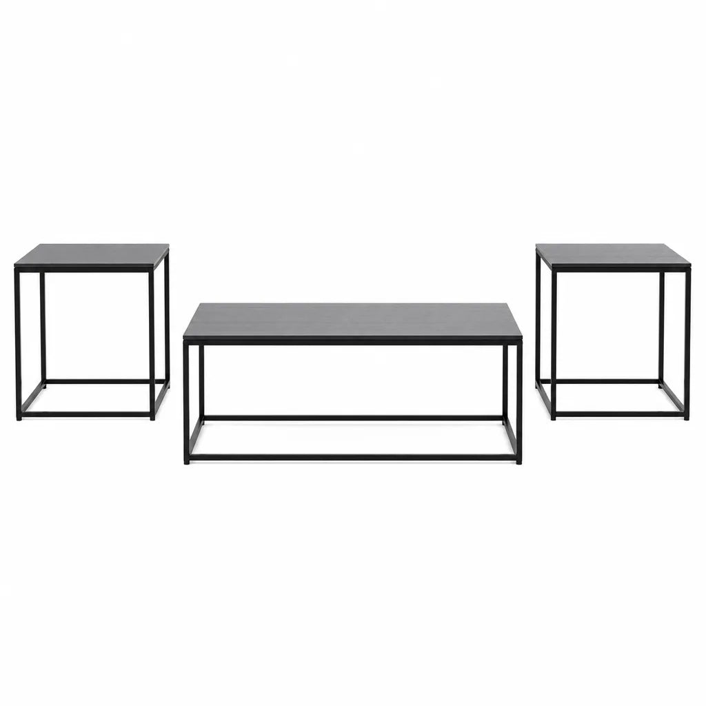 Modern 3-piece coffee table set with black metal frames and smooth tabletops on a white background