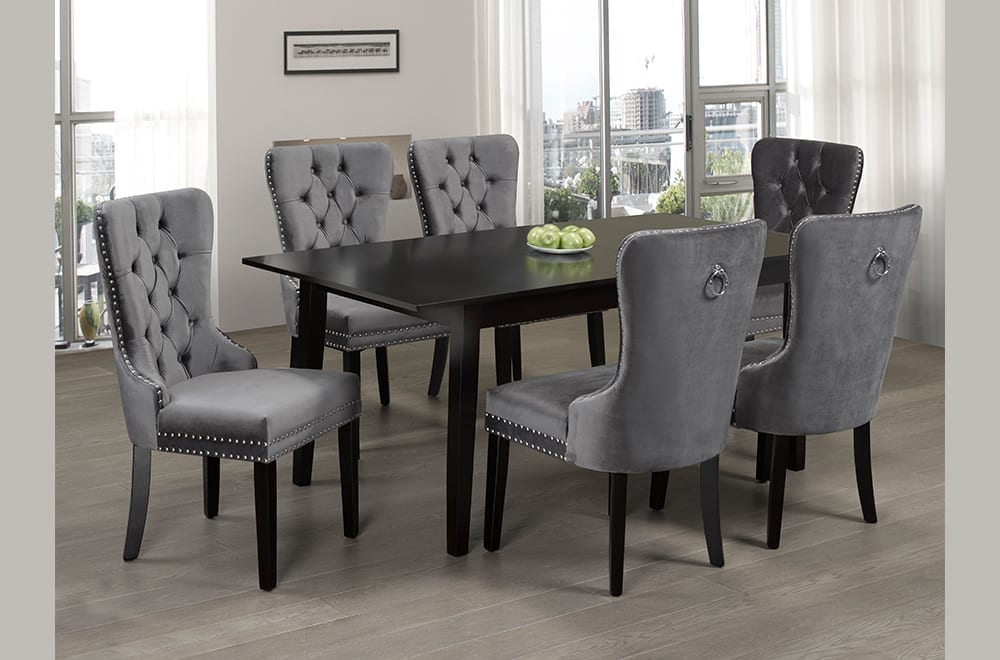 T3009/246 - 7pc Dining Set with Table & 6 Grey or Cream or Black Chairs, 60″-72″W Expandable Dining Table, Espresso