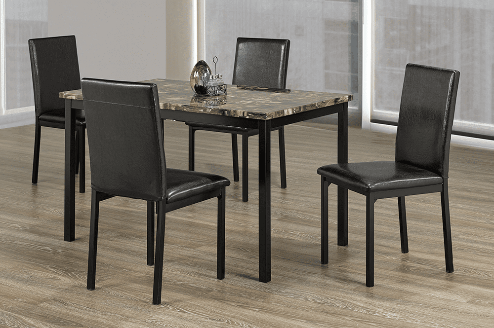 T3200 - 5pc Dining Set with Table & 4 Black Chairs, 48"W, Black Faux Marble Table Top