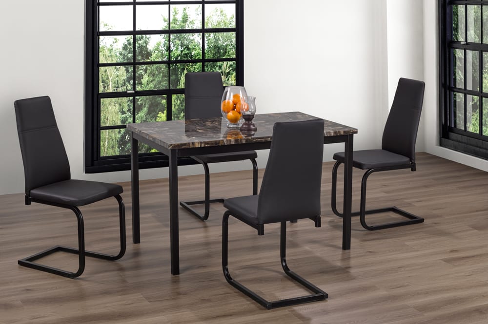T3200/210 - 5pc Dining Set with Table & 4 Black or Grey Chairs, 48"W, Faux Marble Finish