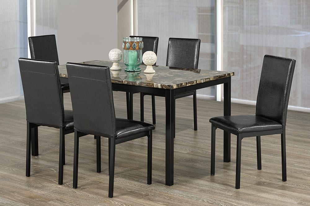 T3201 - 7pc Dining Set with Table & 6 Black Chairs, 60″W, Faux Marble Table Top