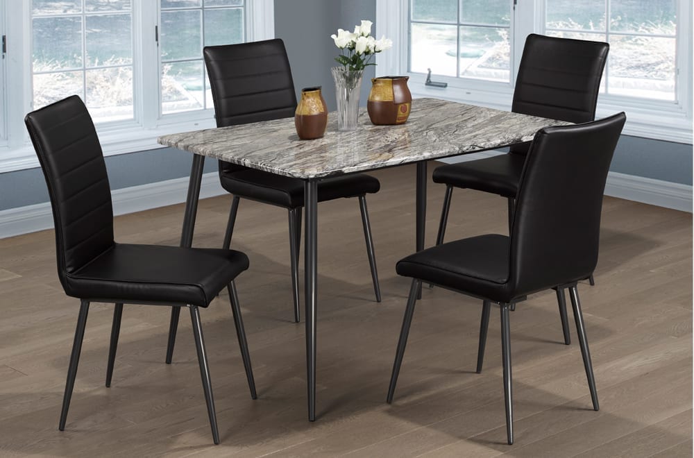 T3206 - 5pc Dining Set with Table & 4 Charcoal Chairs, 48"W, Faux Marble Finish