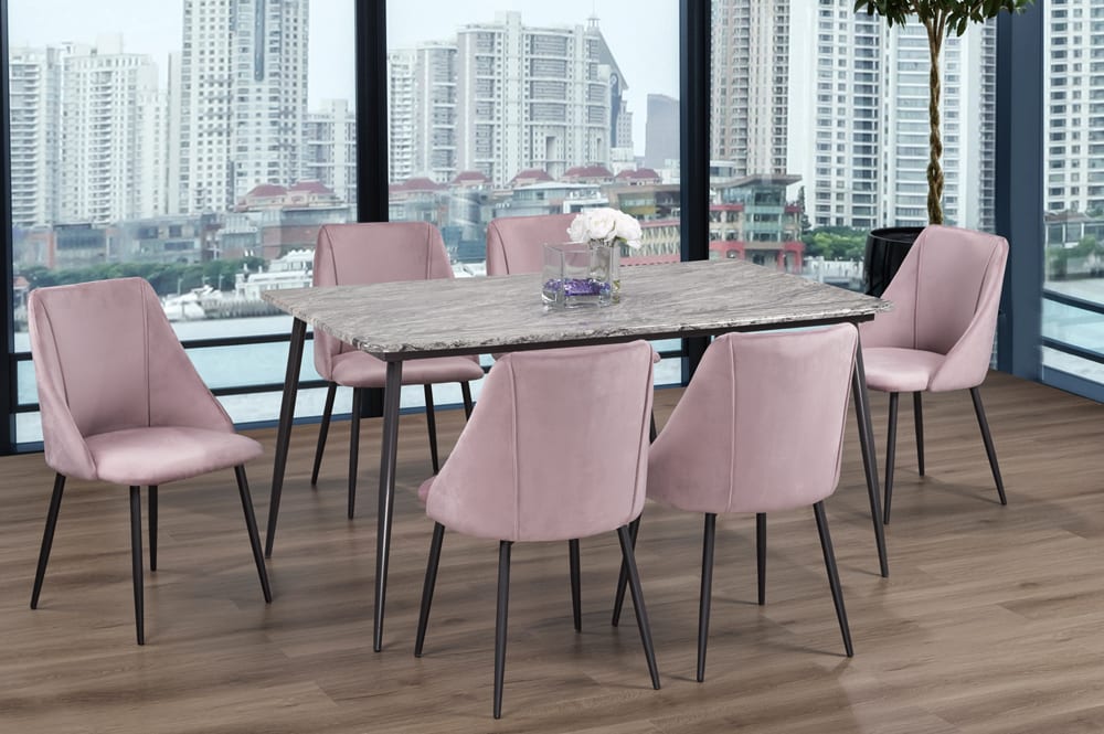 T3207/212 - 7pc Dining Set with Table & 6 Blue or Grey or Pink Chairs, 31″W, Faux Marble Finish