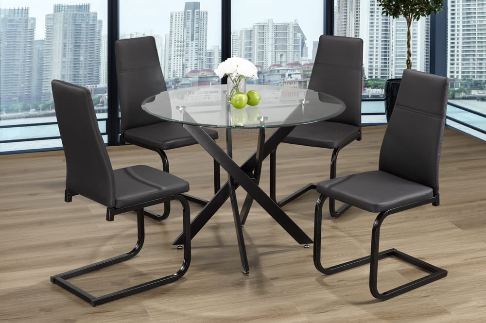 T3461/210 - 5pc Dining Set with Table & 4 Grey or Black Chairs, 39"W, Tempered Clear