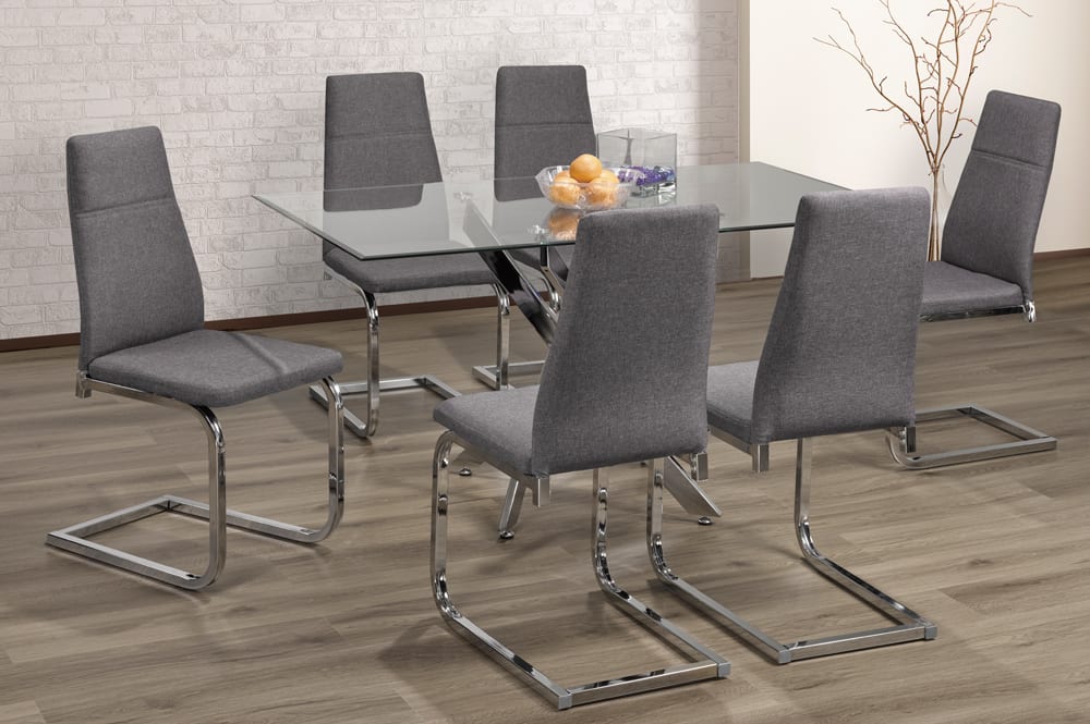 T3465/210 - 7pc Dining Set with Table & 6 Grey or White Chairs, 55″W, Glass