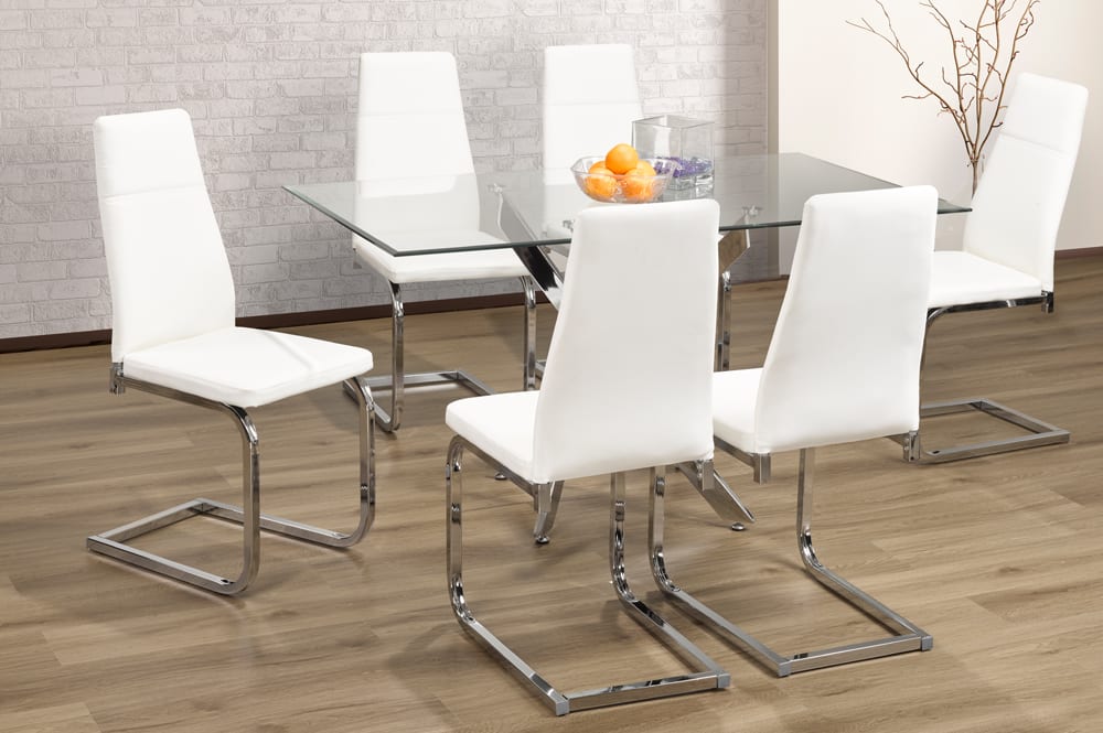 T3465/210 - 7pc Dining Set with Table & 6 Grey or White Chairs, 55″W, Glass