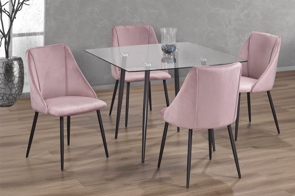 T3476/212 - 5pc Dining Set with Table & 4 Grey or Blue or Pink Chairs, 40"W, Glass