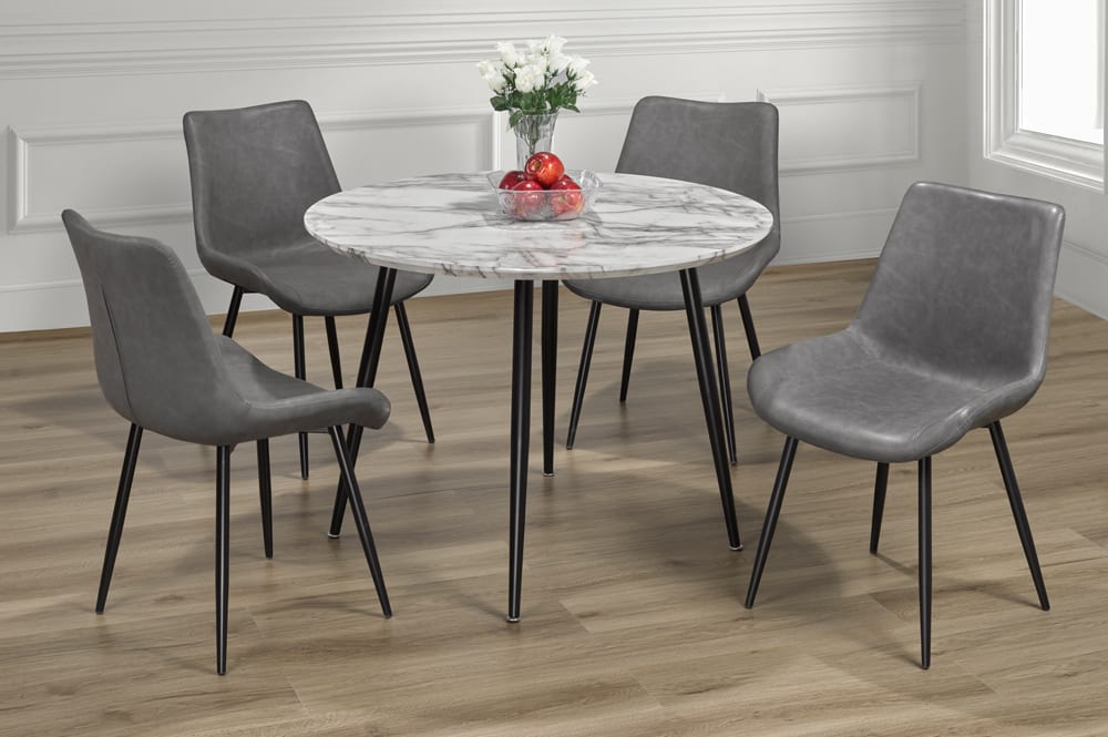 T3485/280 - 5pc Dining Set with Table & 4 Grey Chairs, 40″W, Faux Marble Finish