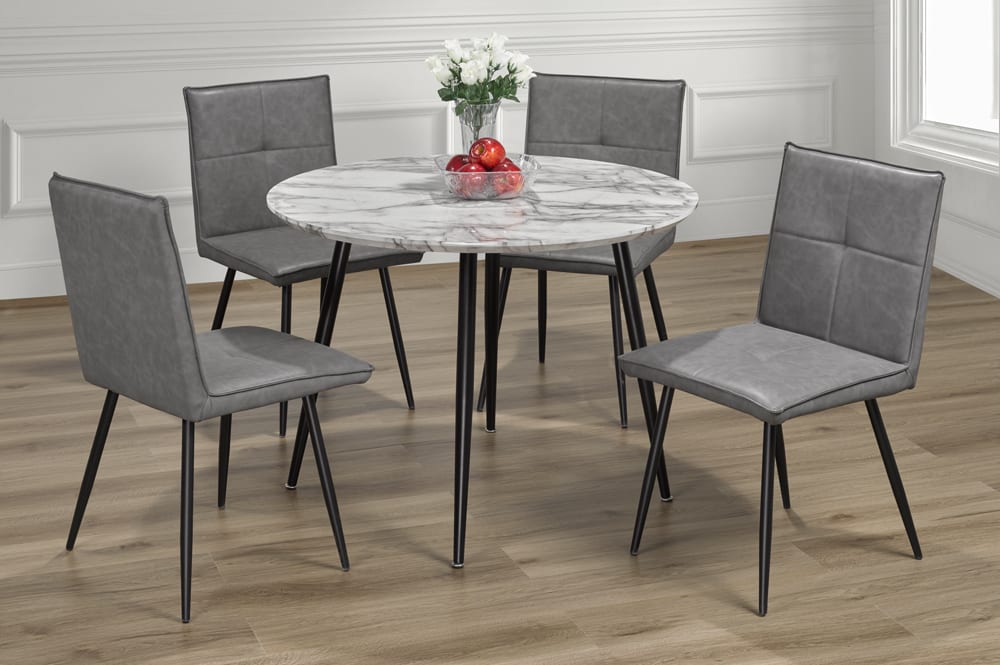 T3485/282 - 5pc Dining Set with Table & 4 Grey Chairs, 40″W, Faux Marble Finish
