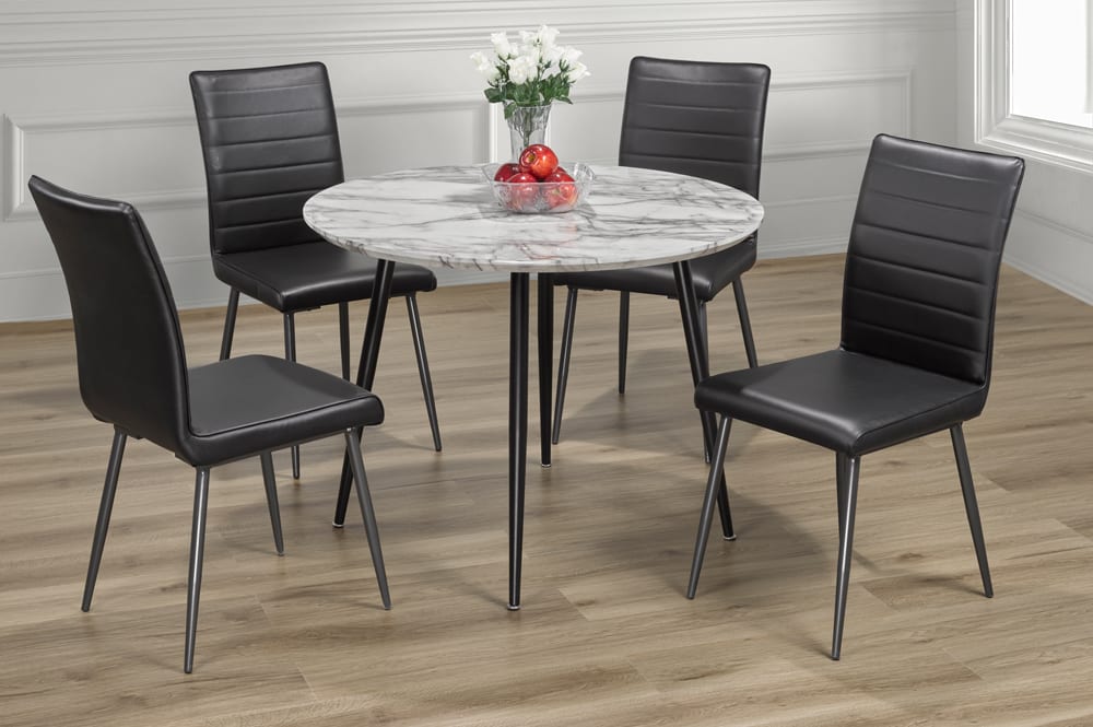 T3485/3206 - 5pc Dining Set with Table & 4 Black Chairs, 40"W, Black Faux Marble Finish