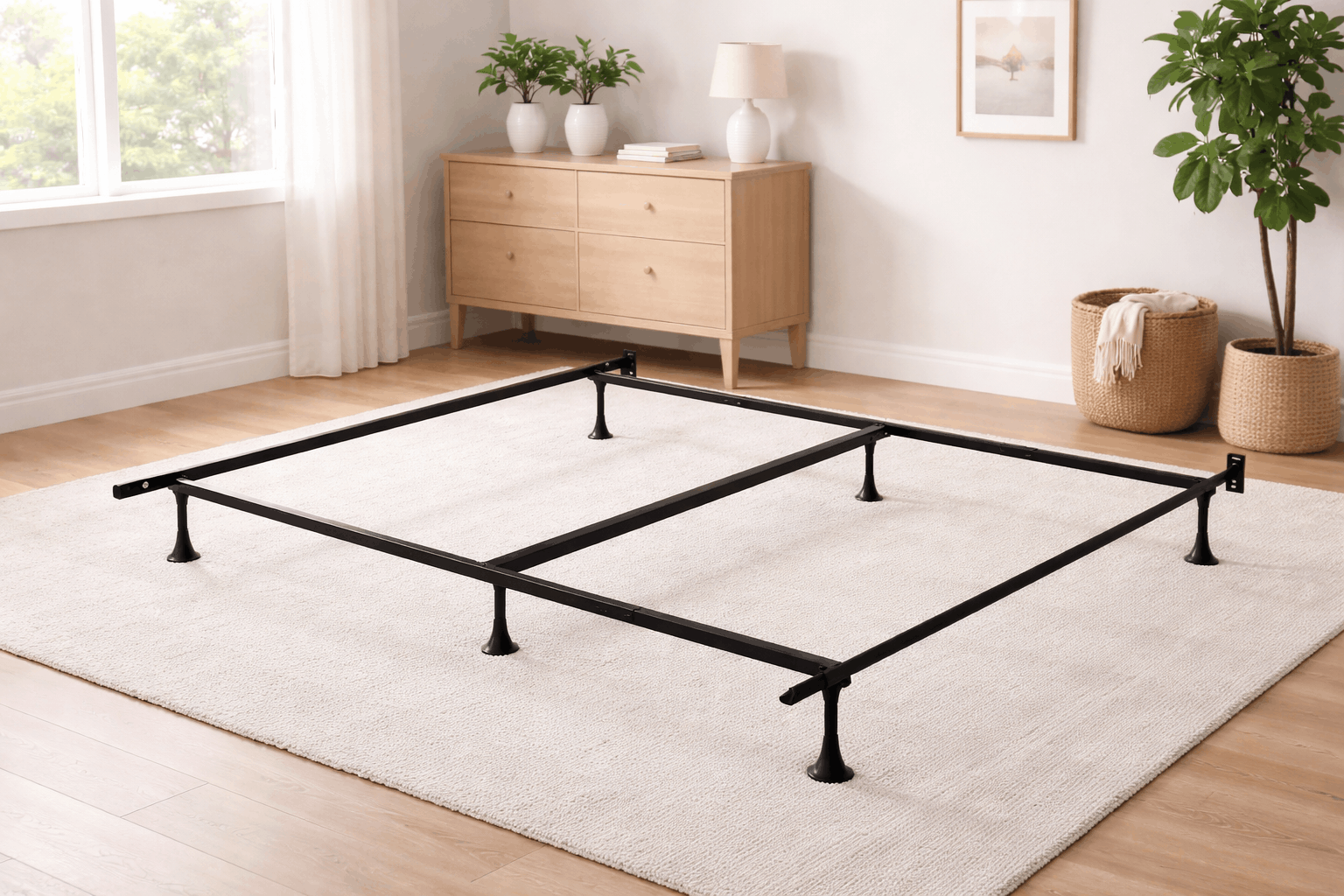Black metal bed frame foundation with straight rails, support legs, and mounting brackets in a bright neutral bedroom.