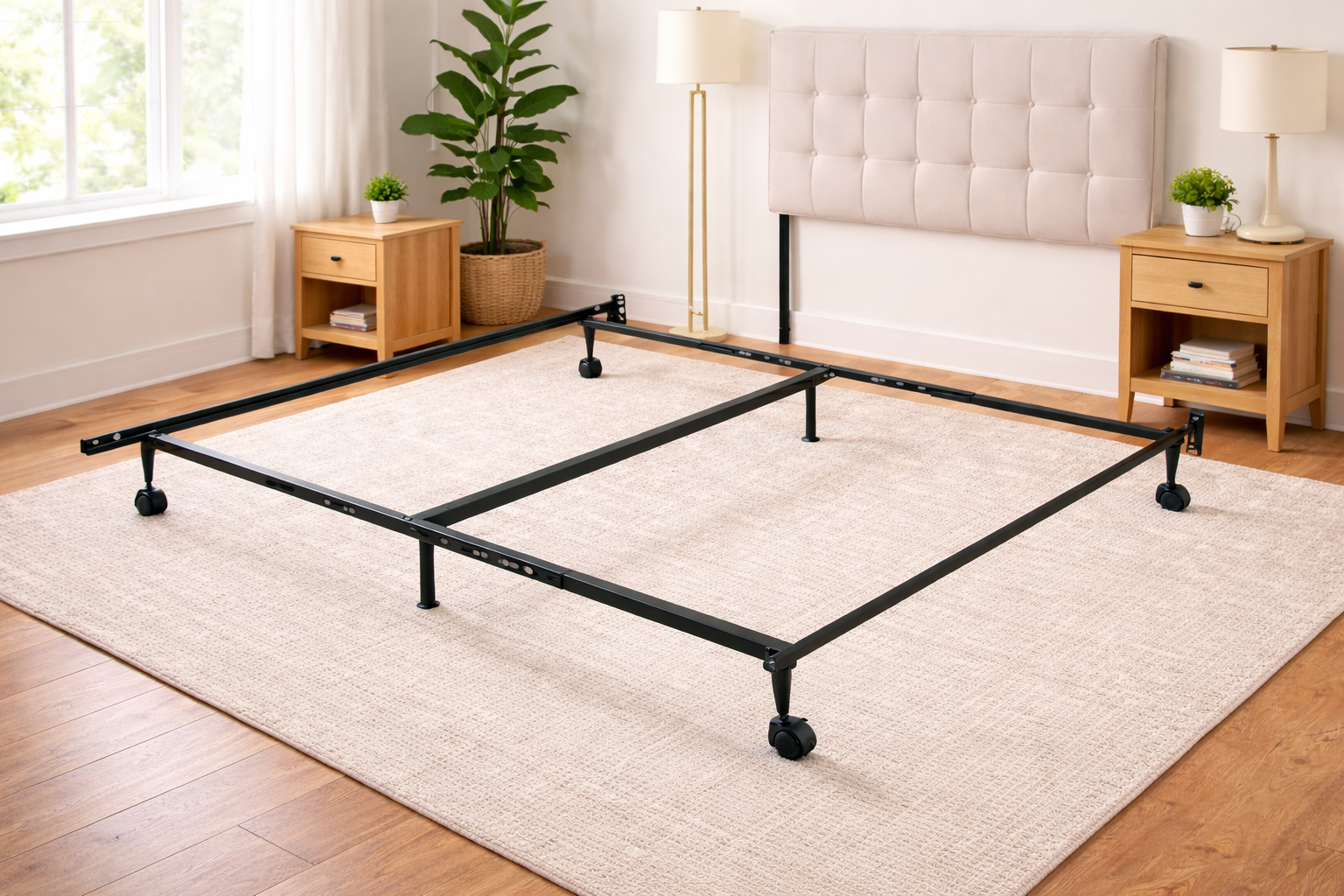Black metal bed frame with caster wheels, center support legs, and a light upholstered headboard in a bright bedroom setting.