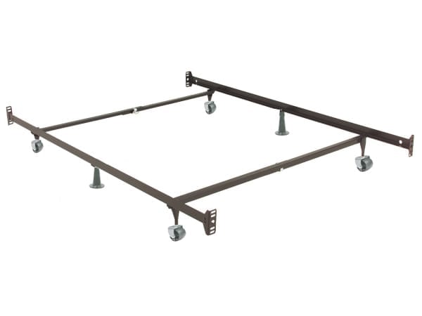 Black metal bed frame with caster wheels, center support legs, and mounting brackets on a white background.