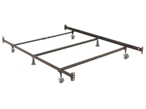 Black metal bed frame with caster wheels, center support legs, and mounting brackets on a white background.