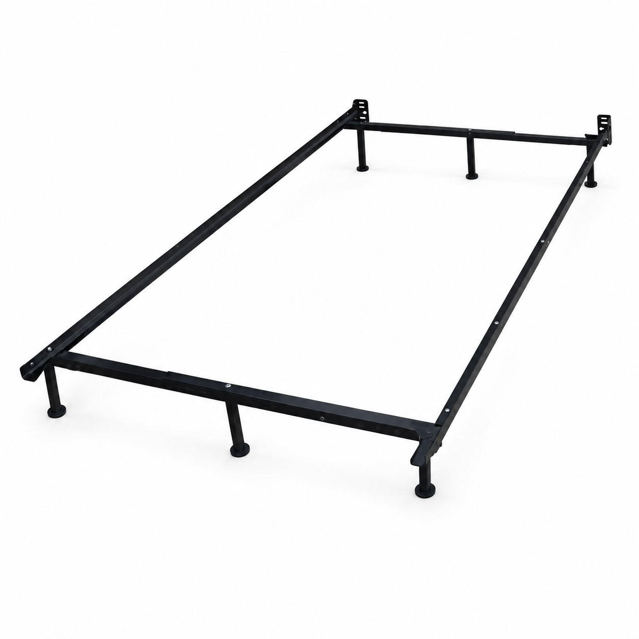 Black metal bed frame with support legs and bolt details on a white background.