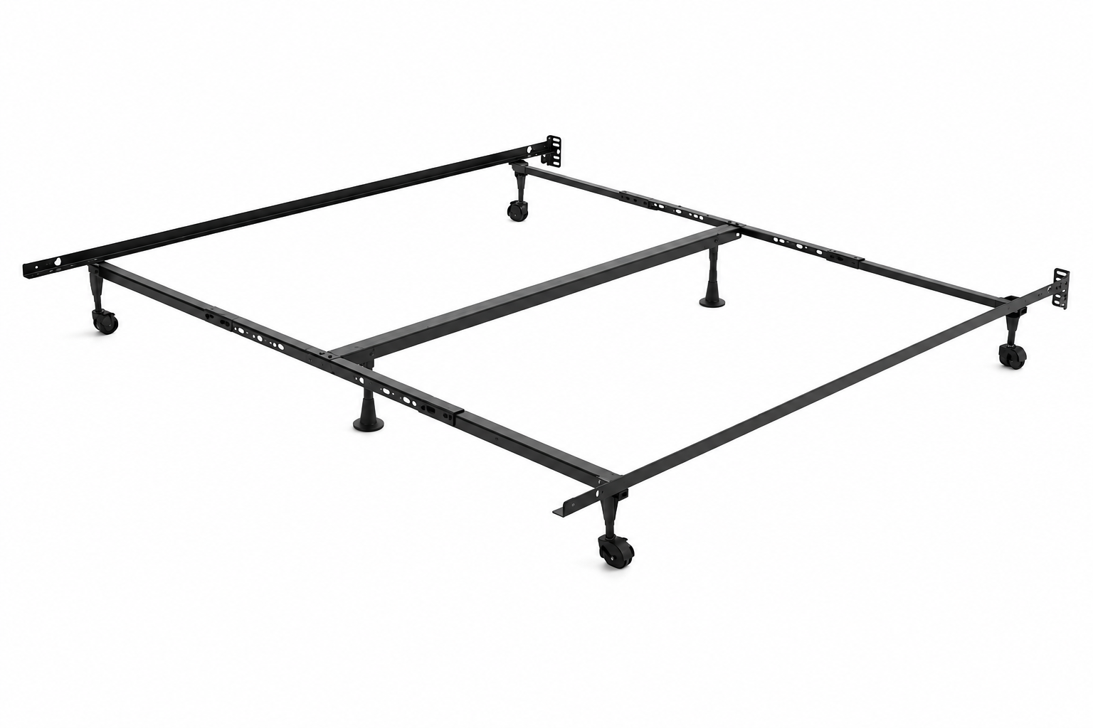Black metal bed frame with caster wheels, support legs, and mounting brackets on a white background.