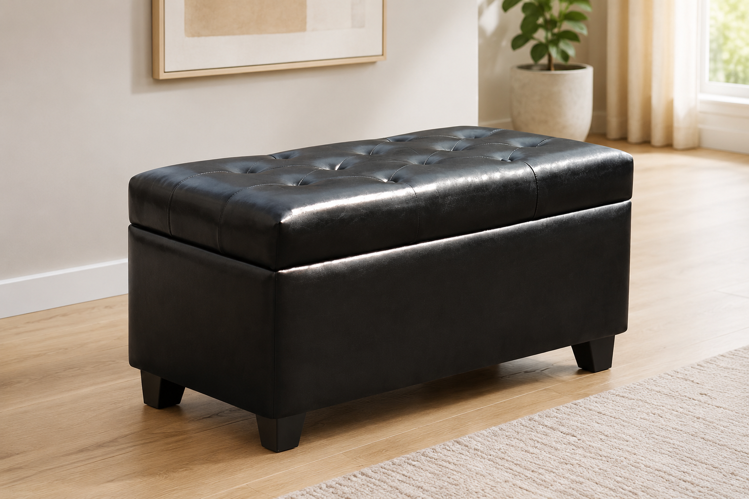 Black leather-look storage bench with a button-tufted lid and dark tapered legs in a modern neutral room.