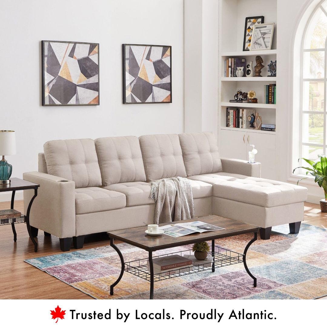 Beige fabric L-shape sectional sofa with reversible chaise and modern tufted design.