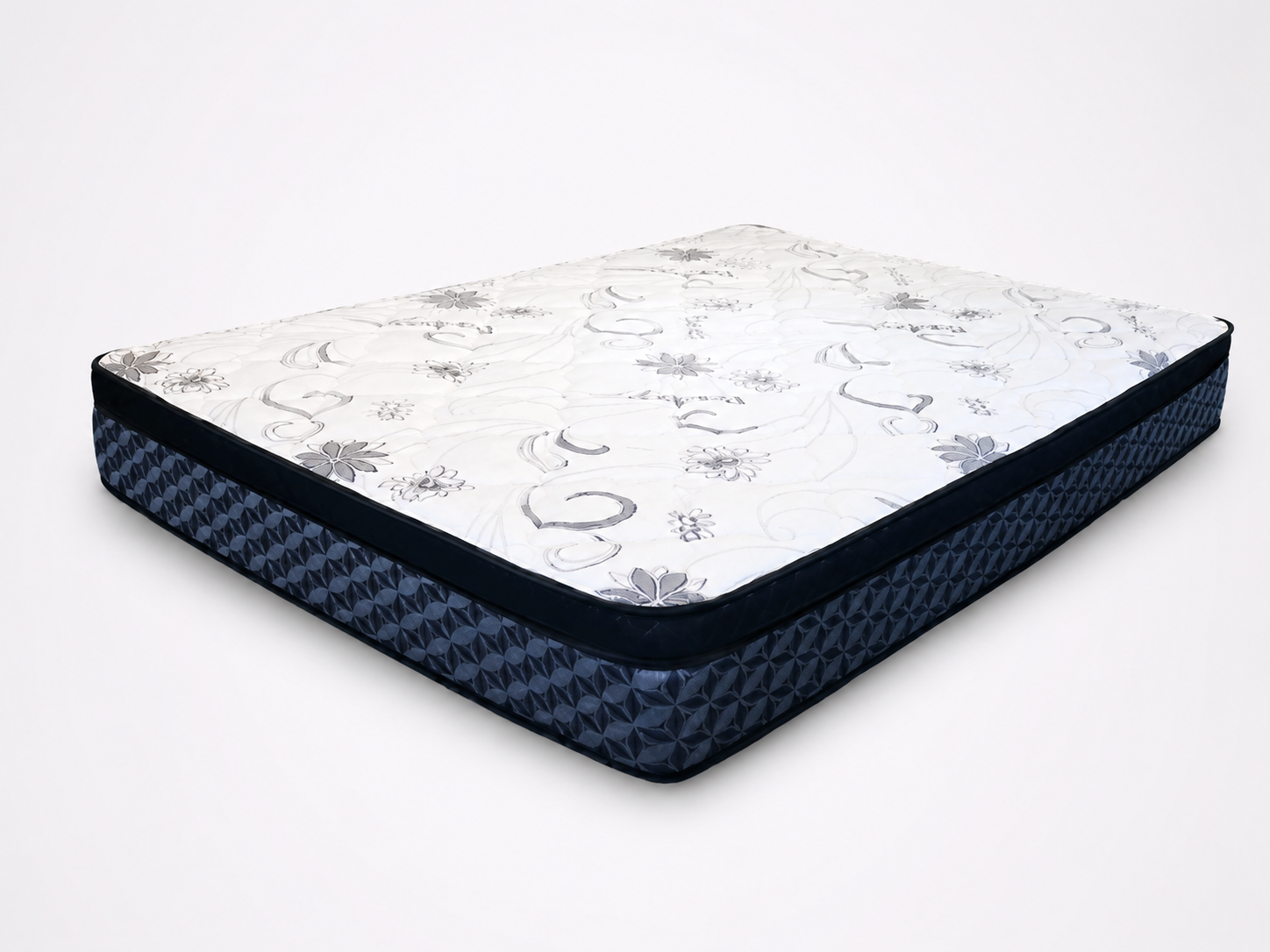Professional product image of a white quilted mattress with floral top stitching, dark patterned side panel, black trim, and no visible brand tag on a clean white background.