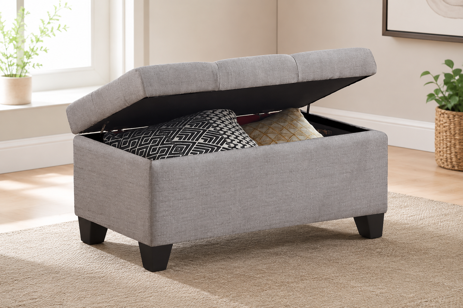 Gray fabric storage bench with an open cushioned lid, black legs, and patterned pillows inside.
Image title