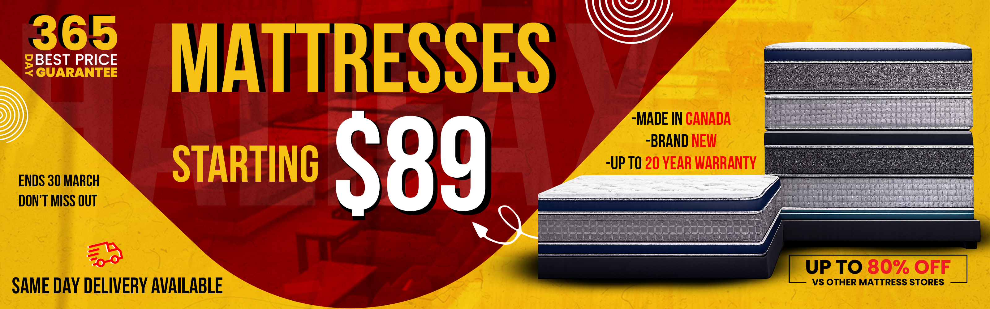 Promotional banner for mattresses starting at $89, made in Canada with a 365-day price guarantee.